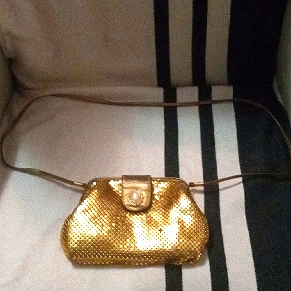 Gold Mesh Crossbody Bag with Pearl Detail on Front